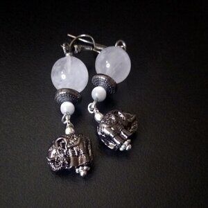 Unique Gunmetal Black Elephant Dangle Earrings ~ Genuine Quartz + Silver Catseye